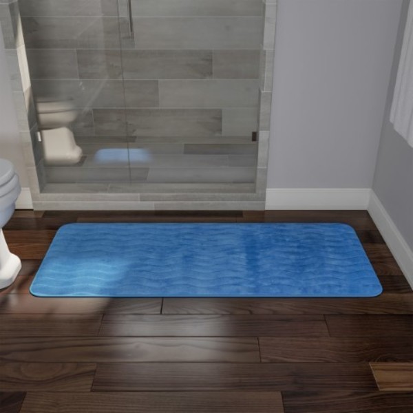 Hastings Home Microfiber Memory Foam Bathmat, Oversized Padded Nonslip Accent Rug for Home, Wave Pattern (Blue) 166367GOB